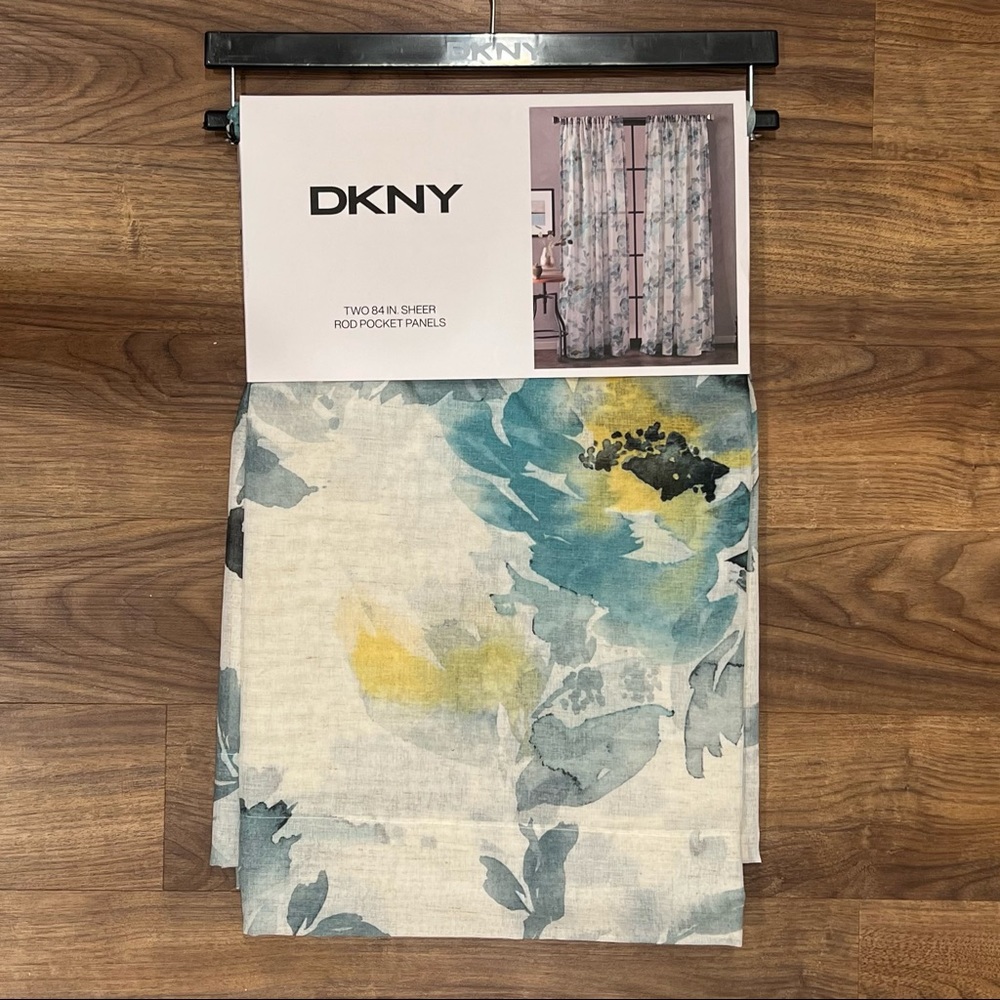 DKNY Aquarelle Teal Blue Yellow Floral Sheer Window Curtains Panels 50 x 84